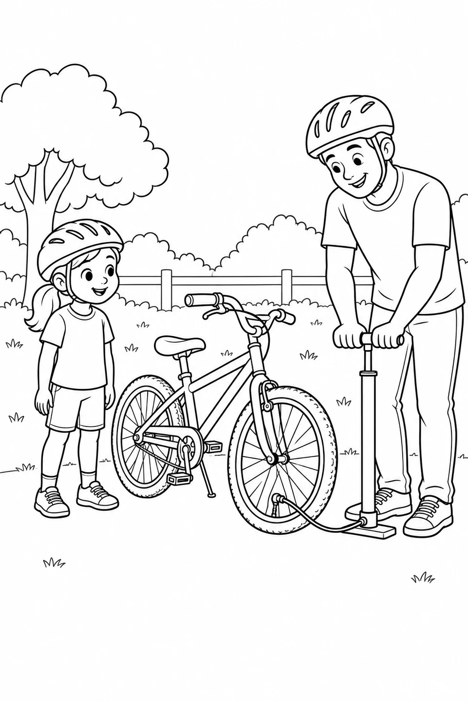 An adult works a floor pump connected to a bicycle tire while a helmeted child watches.