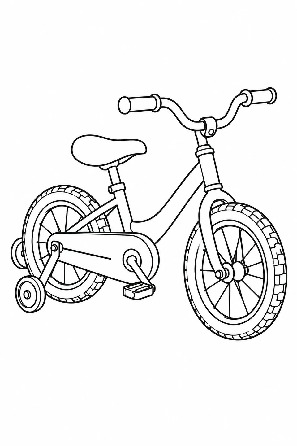 A small bicycle has a low frame, covered chain and two stabilizer wheels beside its rear wheel.