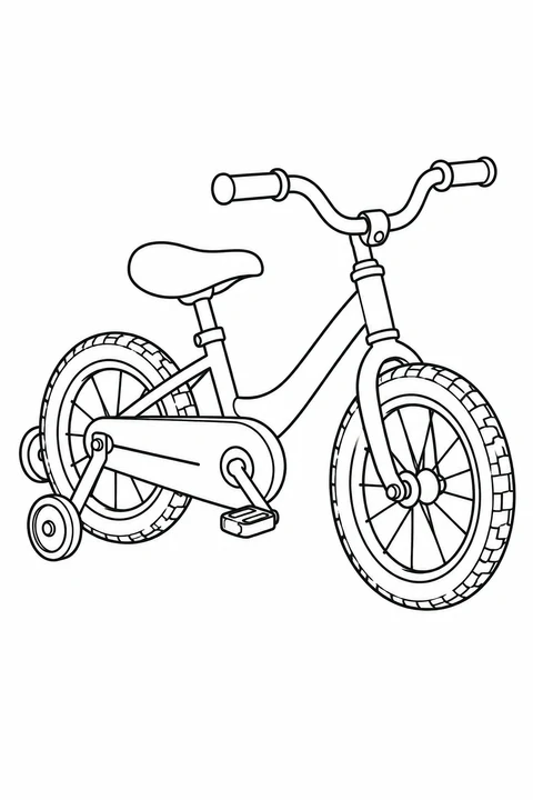 A small bicycle has a low frame, covered chain and two stabilizer wheels beside its rear wheel.