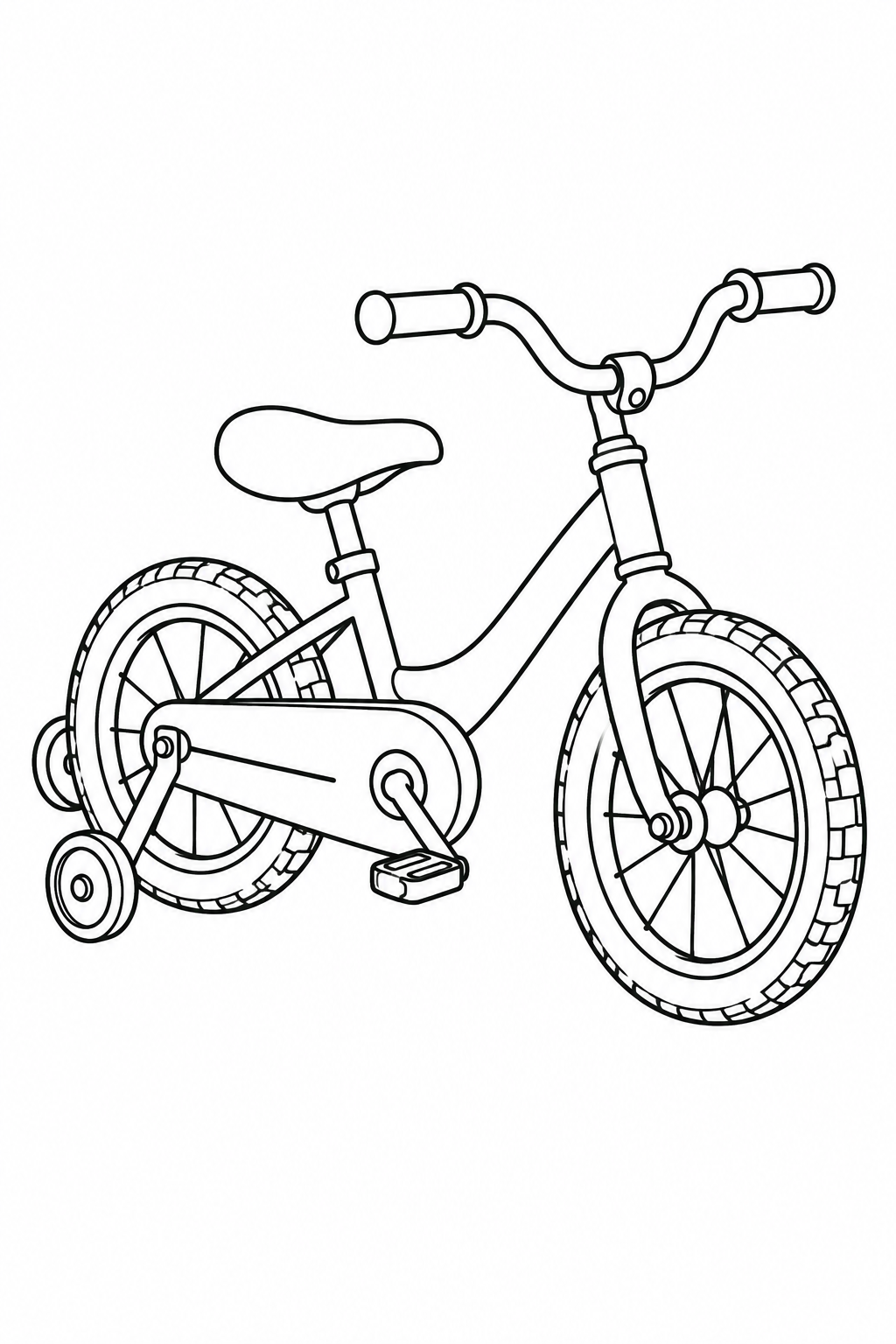 A small bicycle has a low frame, covered chain and two stabilizer wheels beside its rear wheel.