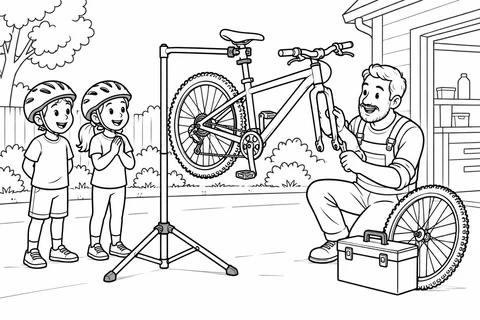 An adult repairs a bicycle on a stand with its front wheel removed, while two helmeted children watch nearby.