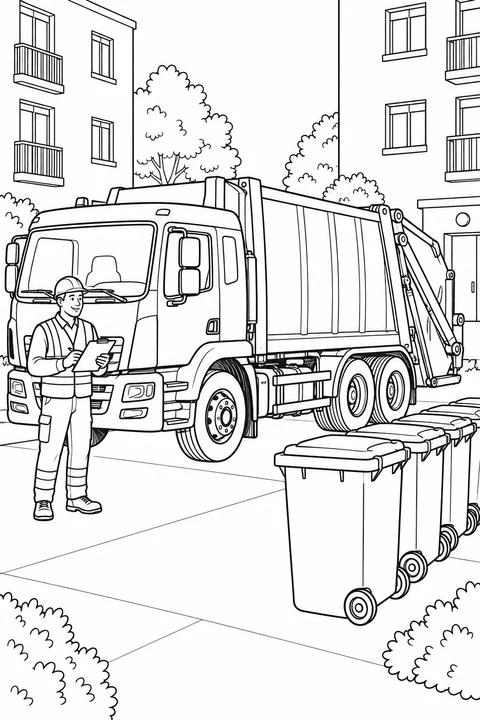 A worker holds a clipboard beside a parked garbage truck and a row of bins in an apartment courtyard.
