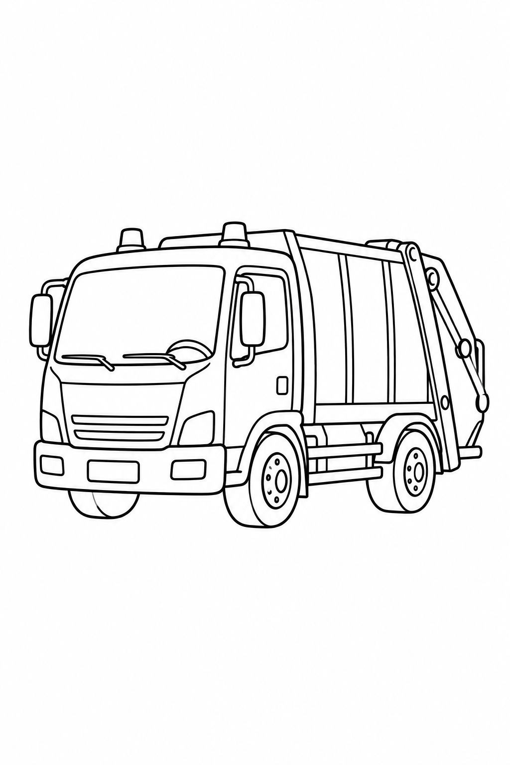 A short two-axle garbage truck with a compact cab and rear loading body, seen from the front corner.