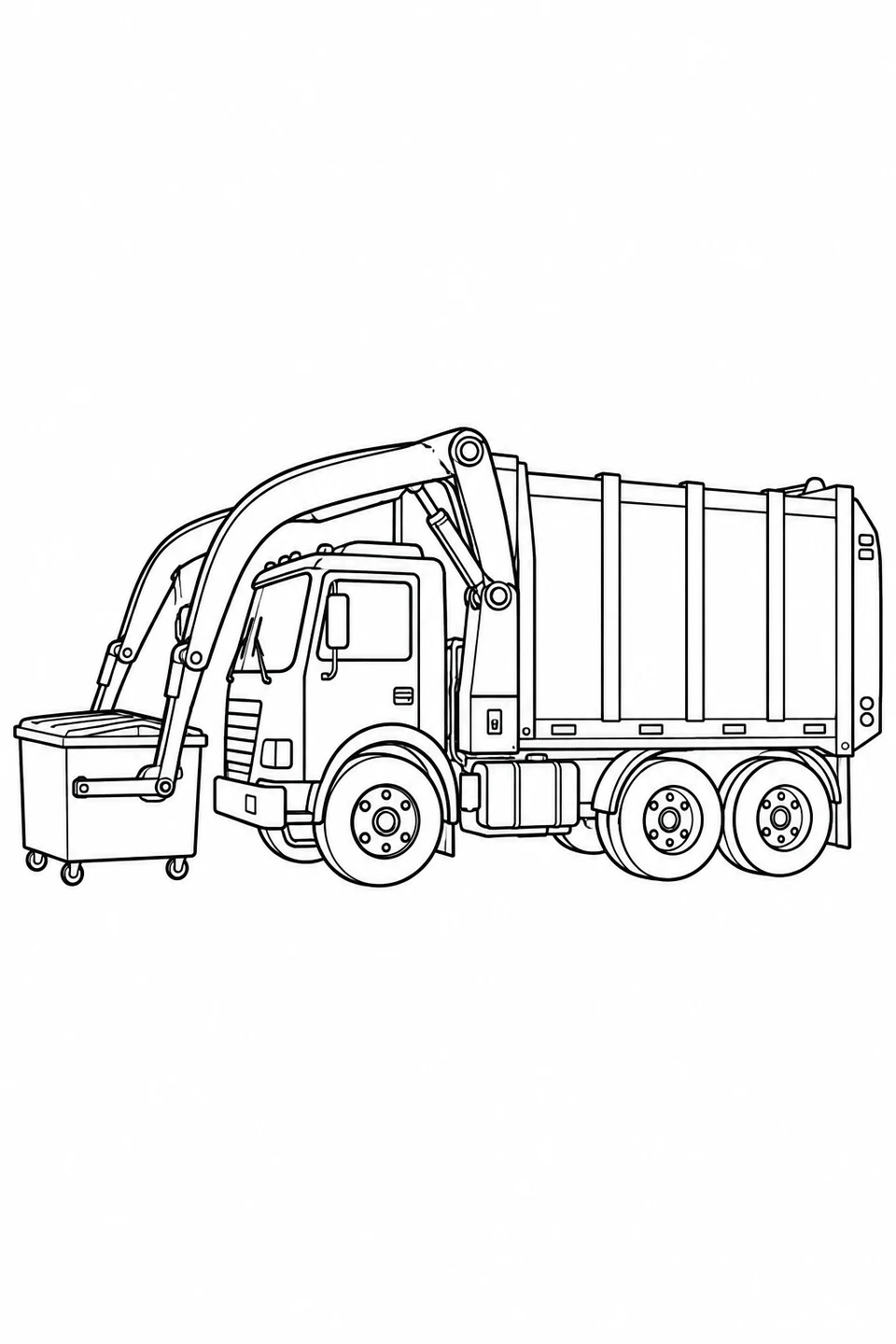 Garbage truck with long arms holding a wheeled bin in front of the cab.