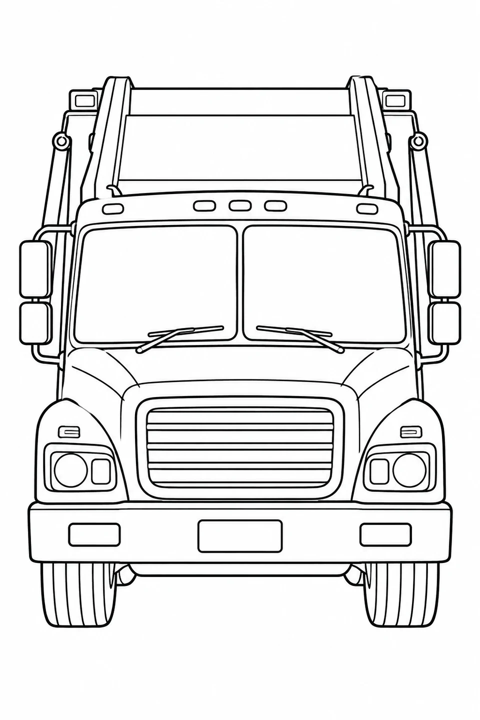 A garbage truck seen head-on, with a broad windshield, mirrors and a tall body behind the cab.