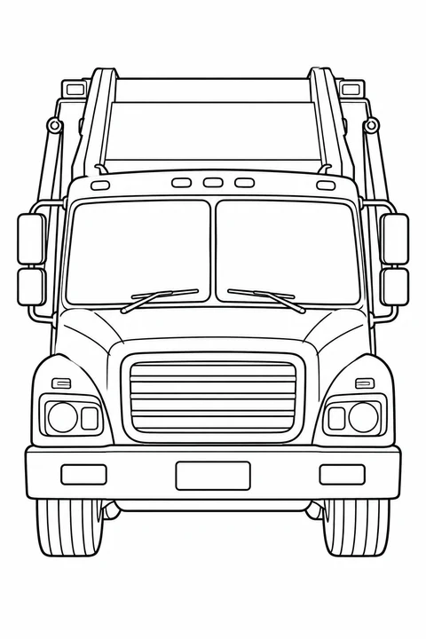 A garbage truck seen head-on, with a broad windshield, mirrors and a tall body behind the cab.