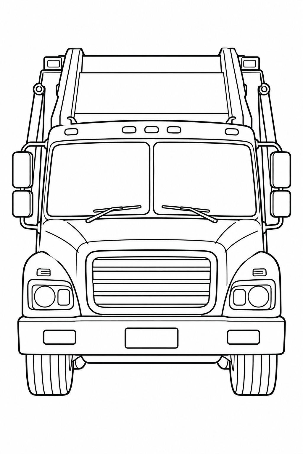 Un camion dei rifiuti visto di fronte, con ampio parabrezza, specchietti e cassone alto dietro la cabina.