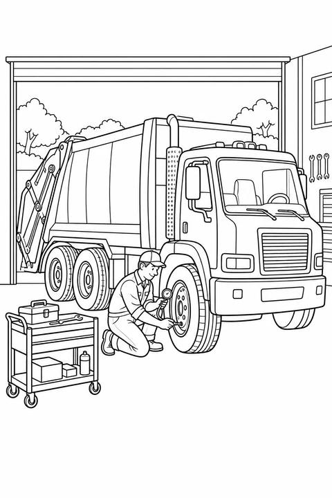 A mechanic kneels beside a garbage truck tire with a pressure gauge and a nearby tool trolley.