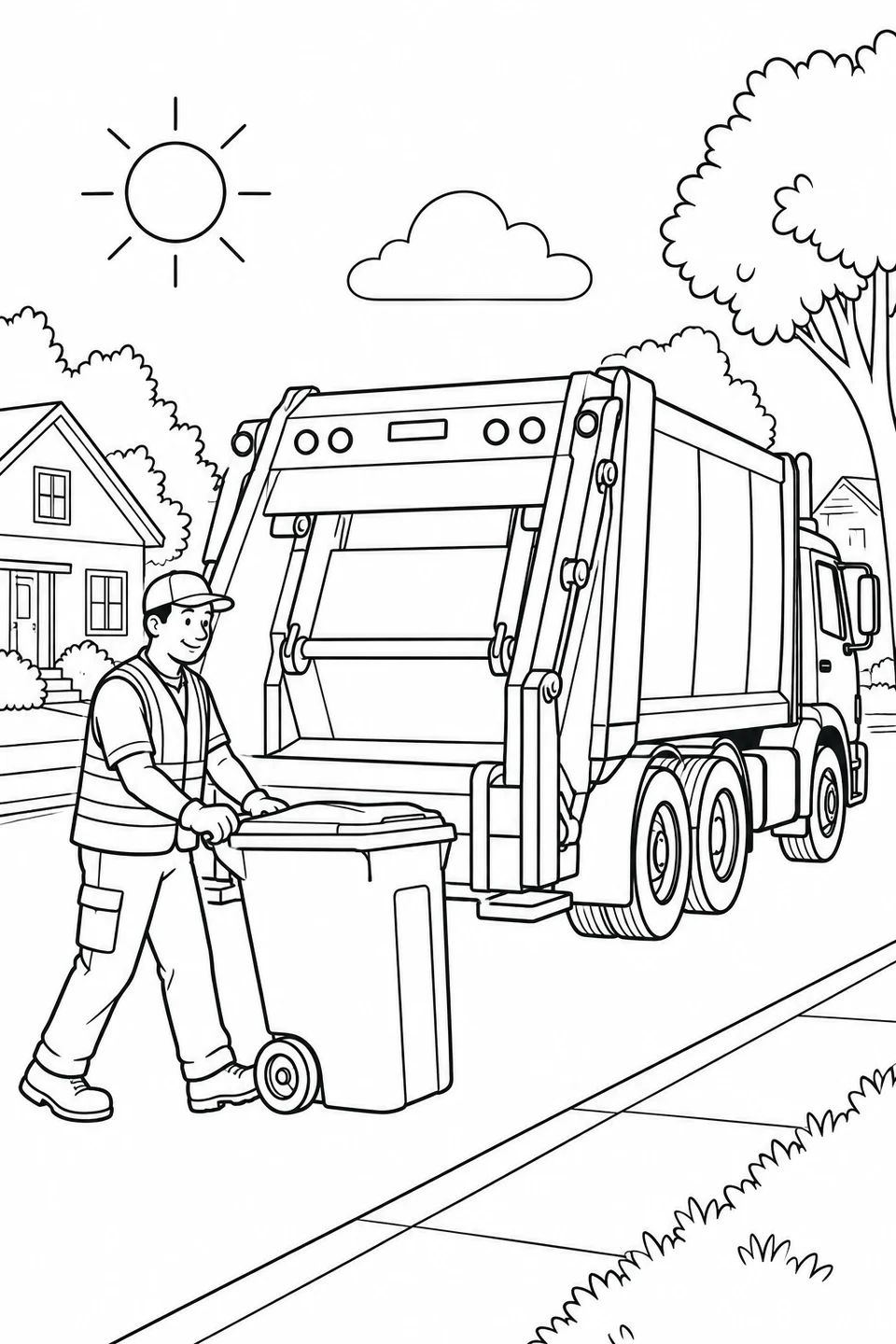 A sanitation worker rolls a closed wheeled bin beside a garbage truck on a residential street.
