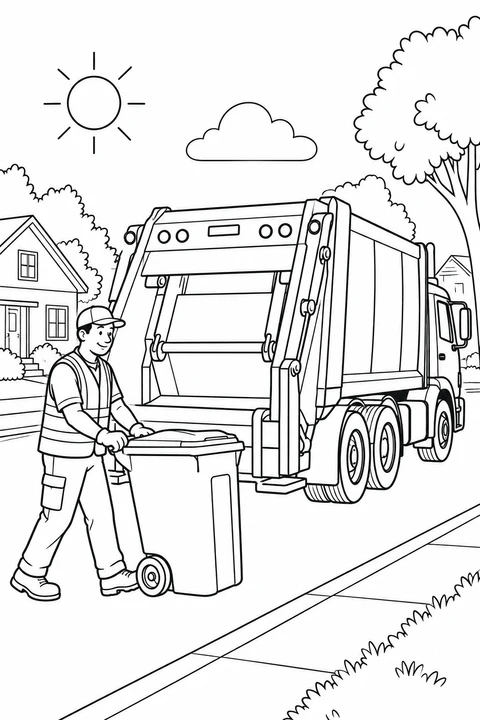 A sanitation worker rolls a closed wheeled bin beside a garbage truck on a residential street.
