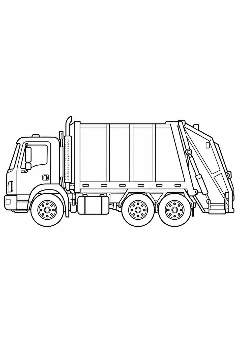 A side view of a three-axle garbage truck with a large collection body and rear loading mechanism.