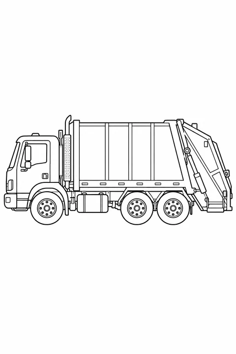 A side view of a three-axle garbage truck with a large collection body and rear loading mechanism.