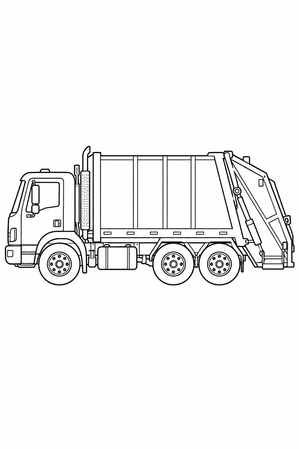A side view of a three-axle garbage truck with a large collection body and rear loading mechanism.