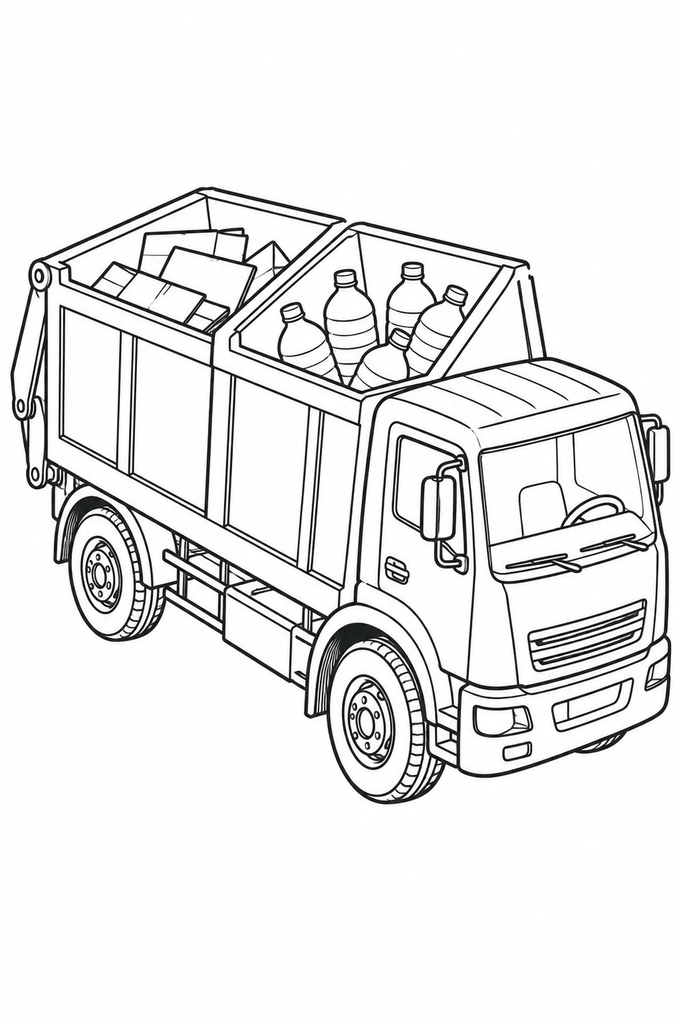 A recycling truck carries cardboard and bottles in two separate open compartments.