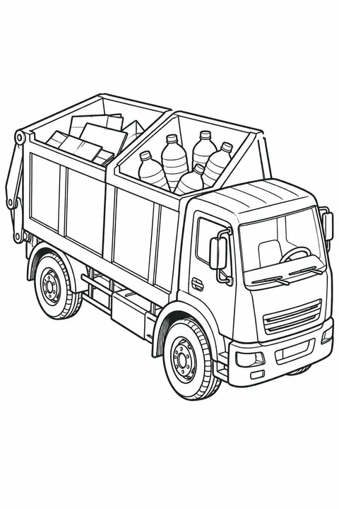 A recycling truck carries cardboard and bottles in two separate open compartments.