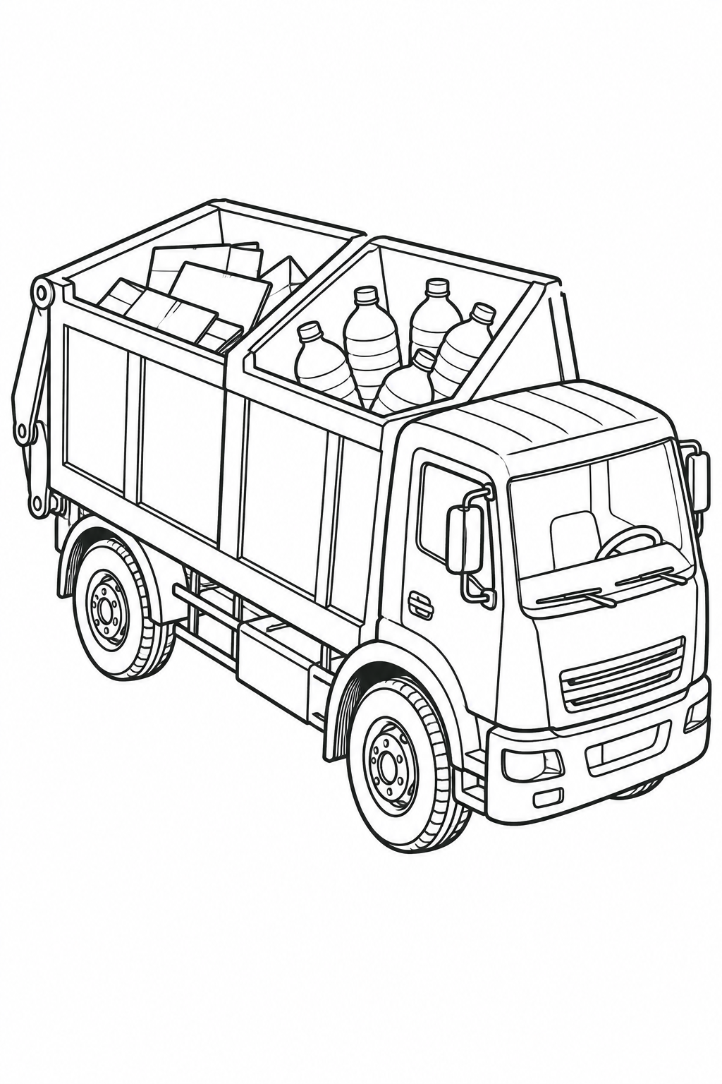 Um caminhão transporta papelão e garrafas em dois compartimentos abertos e separados.
