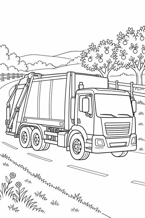 A garbage truck follows a country road beside a wooden fence and fruit trees.