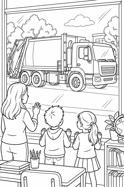 Two children and their teacher watch a garbage truck through a classroom window.