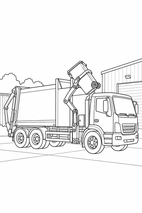 A garbage truck lifts a wheeled bin with its side arm beside a depot building.