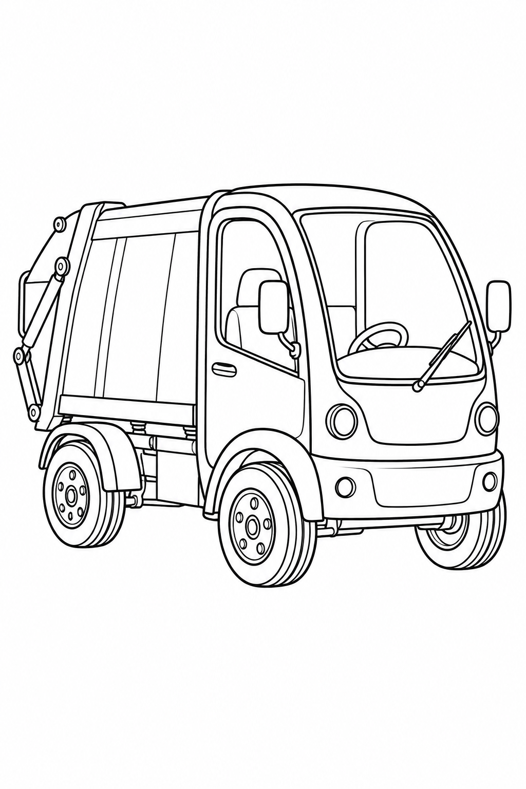 A small collection truck has a rounded cab, short wheelbase and enclosed rear container.
