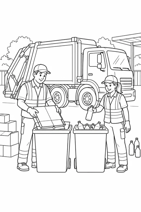 Two workers put cardboard and bottles into separate bins beside a parked collection truck.