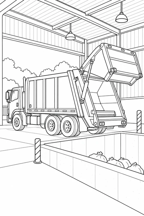 A garbage truck stands under a station roof with its rear upper hatch raised beside a receiving bay.
