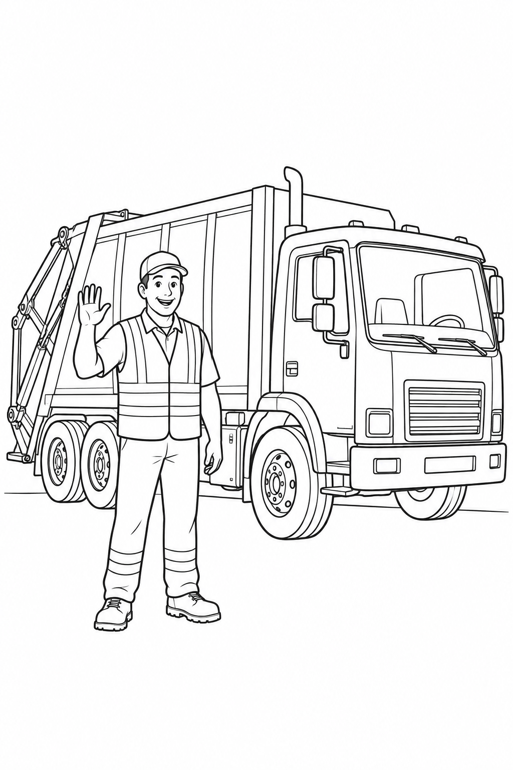 Operatore con giubbotto che sorride e saluta accanto a un camion dei rifiuti.