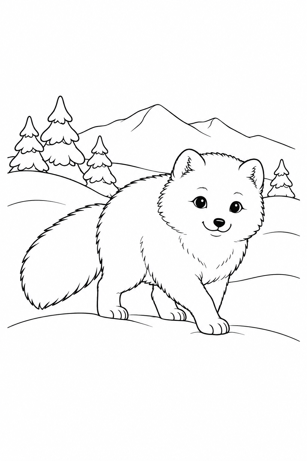A fluffy arctic fox with small rounded ears walks across a snowy slope.