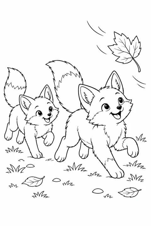 Two foxes run after a leaf drifting above the grass.