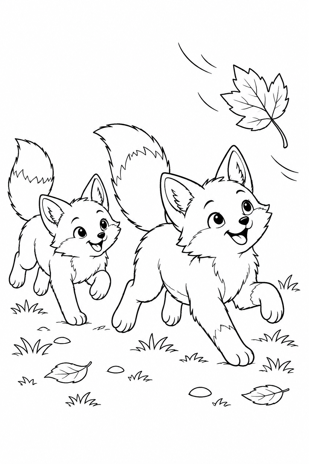 Two foxes run after a leaf drifting above the grass.