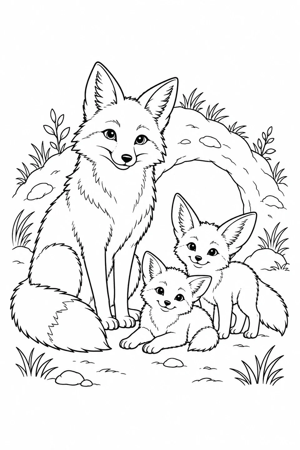 A large fox sits with two smaller foxes, one lying down and one standing, at a den entrance.