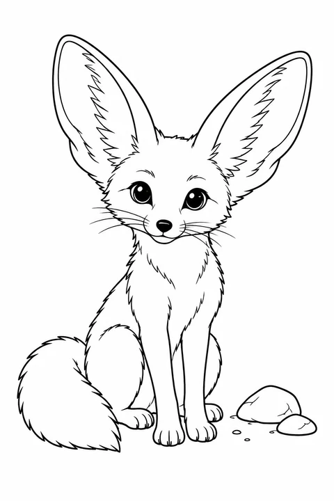 A seated fennec fox has very large ears, a fluffy tail and two stones beside its paws.