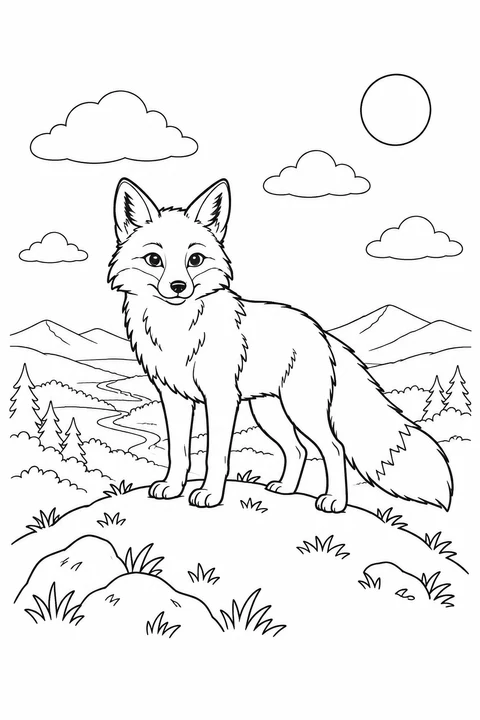 A fox stands on a rounded hill above a winding river, trees and distant mountains.