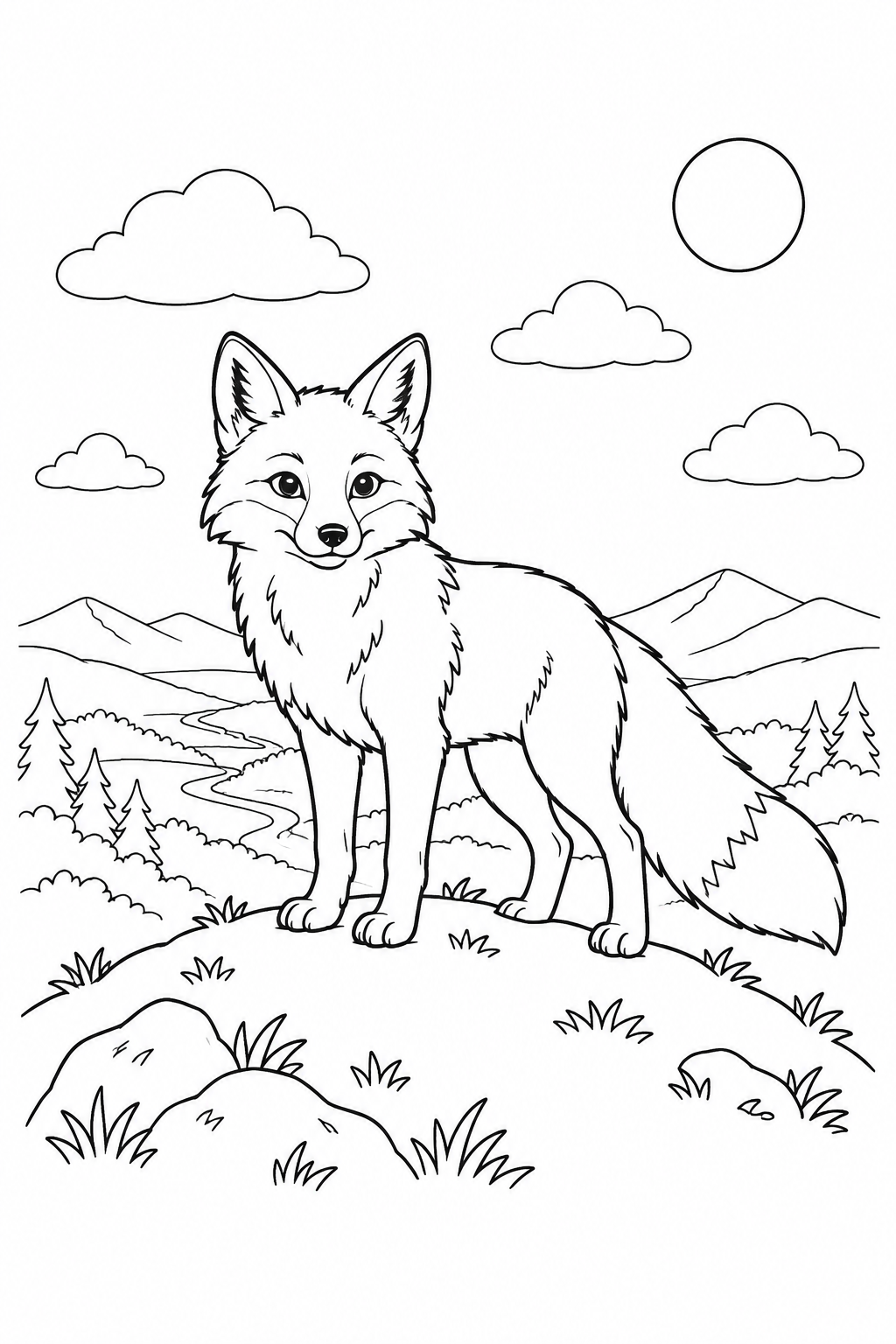 A fox stands on a rounded hill above a winding river, trees and distant mountains.