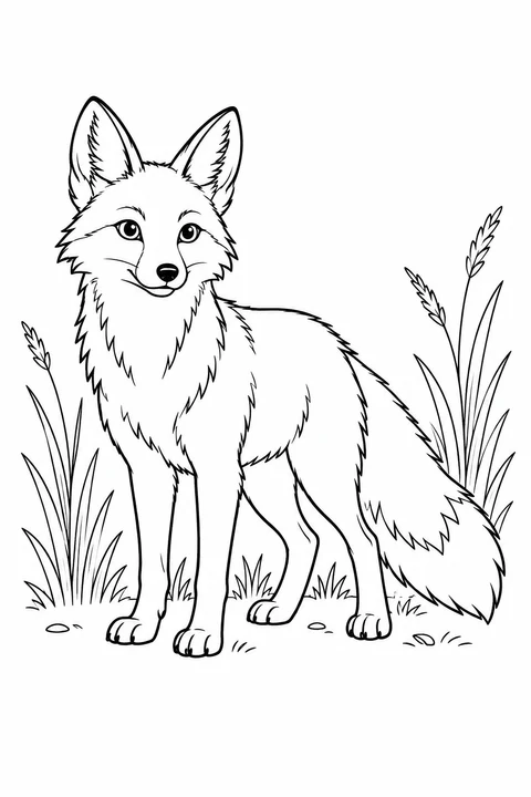 A fox stands with its ears raised between clumps of tall grass.