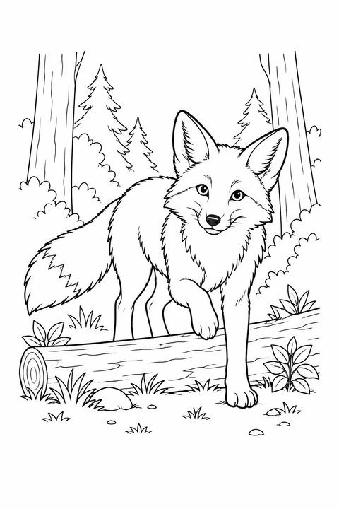 A fox lifts one front paw as it steps over a low fallen log in the woods.