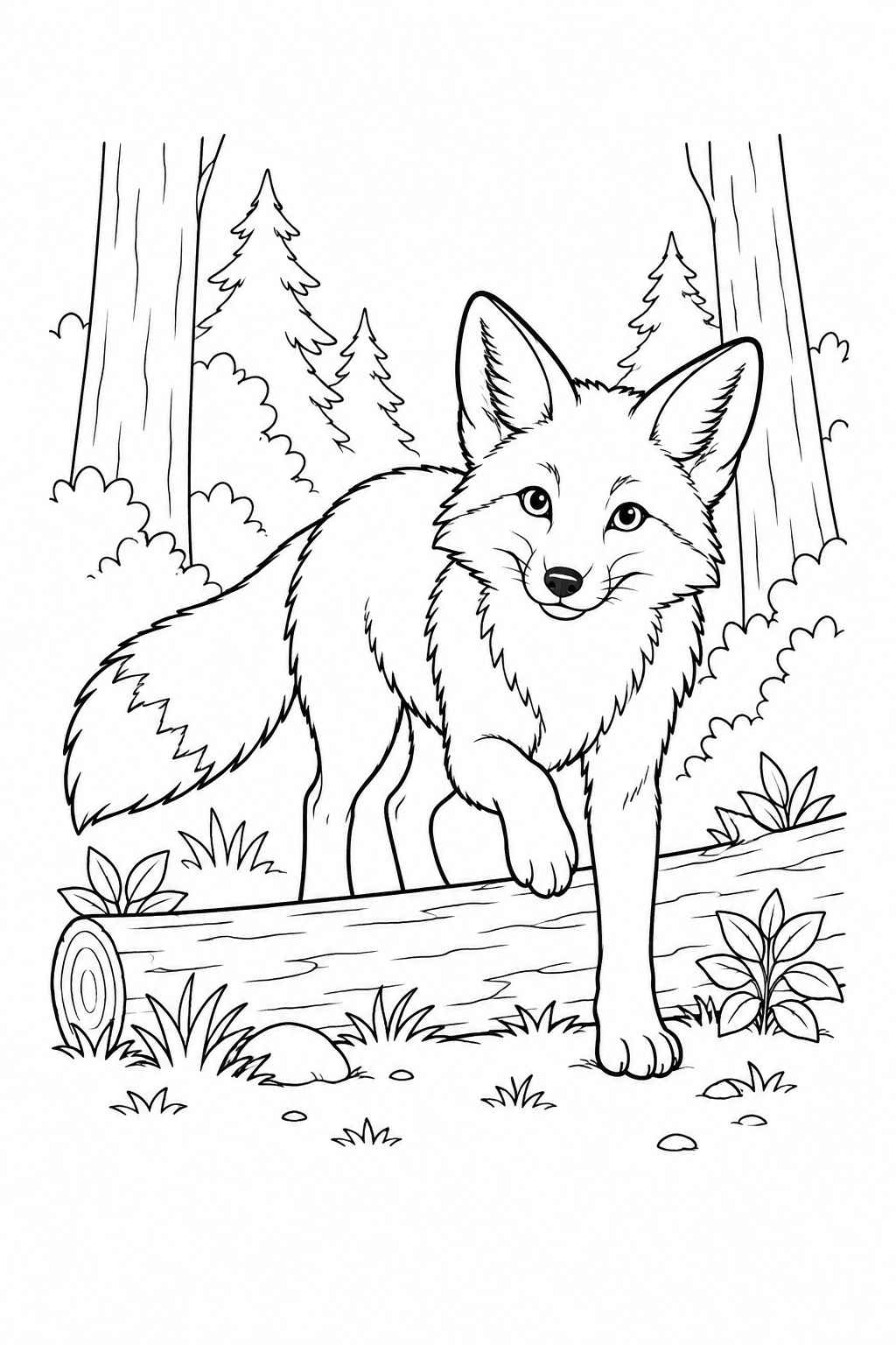 A fox lifts one front paw as it steps over a low fallen log in the woods.