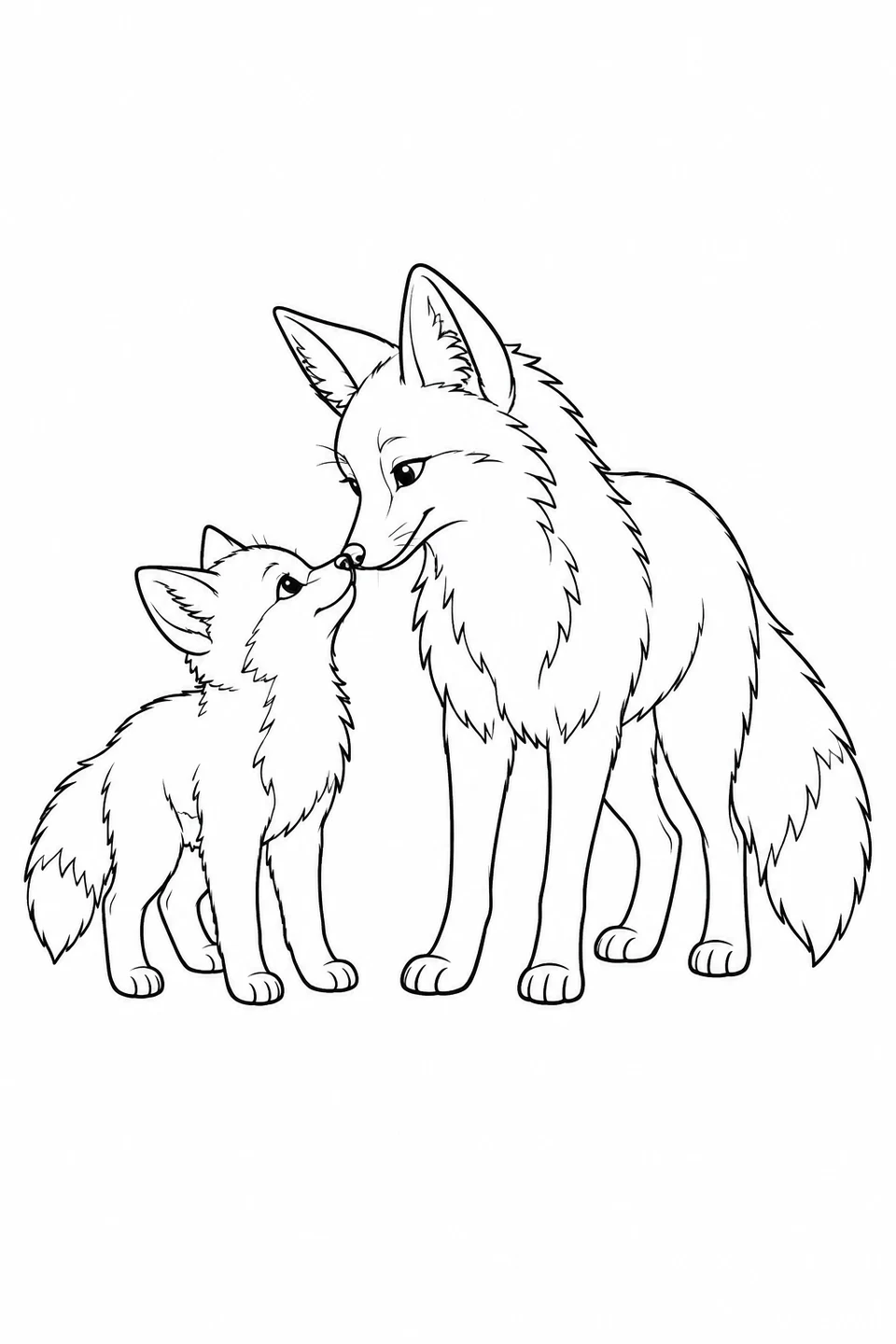 Two foxes of different sizes stand face to face and touch noses.