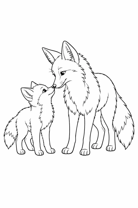 Two foxes of different sizes stand face to face and touch noses.