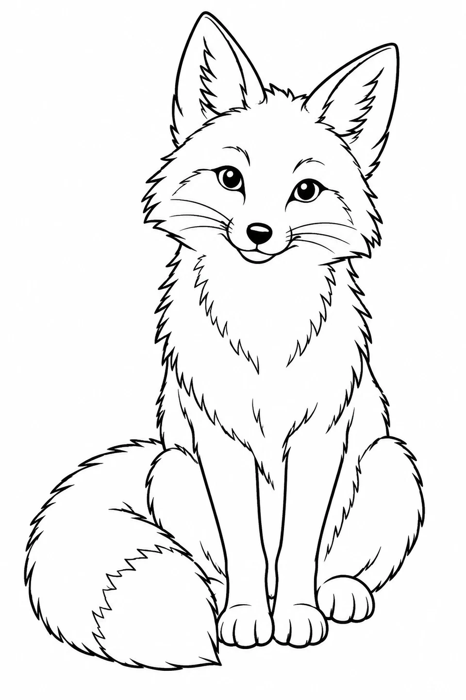 A fox sits upright with its bushy tail curled beside its paws.