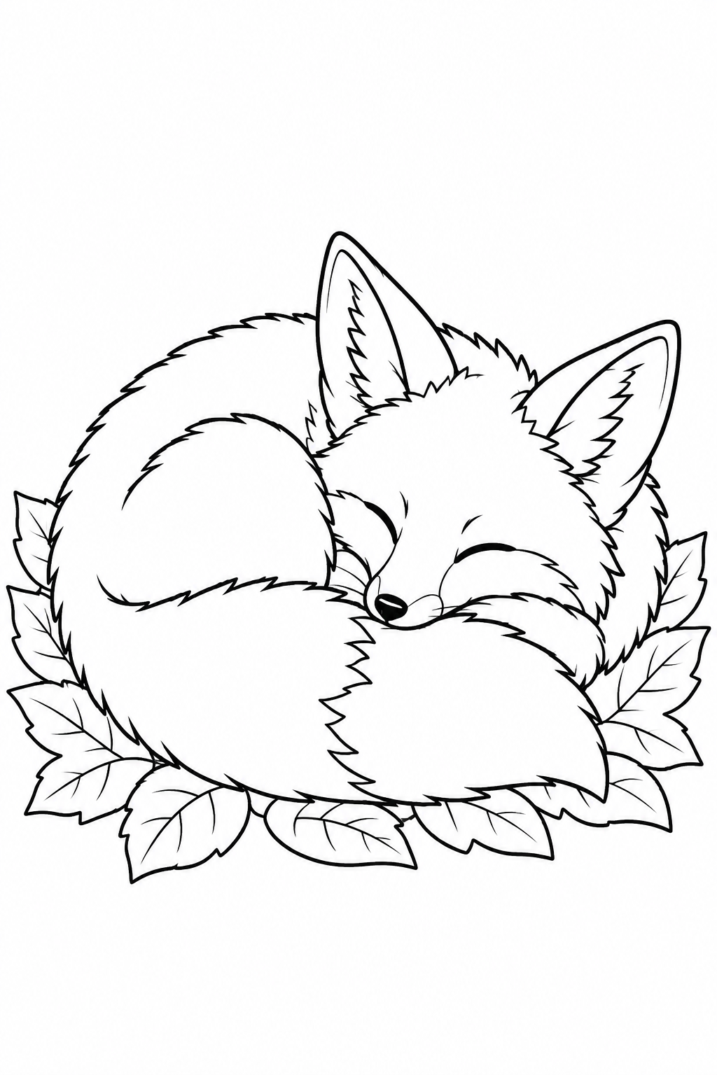 A sleeping fox curls its body and bushy tail into a circle on a bed of leaves.