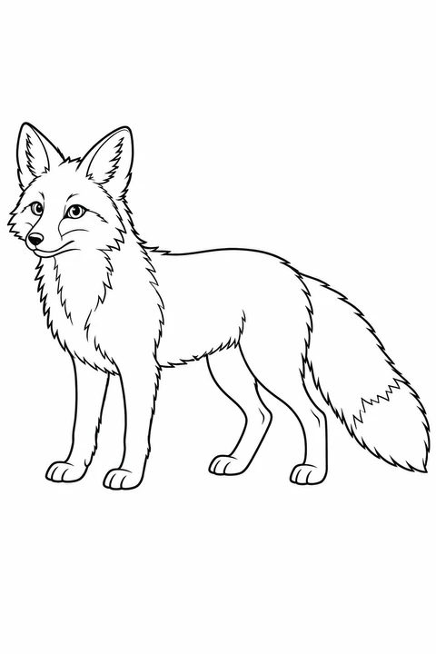 A fox stands in side view with four paws on the ground and a long bushy tail.