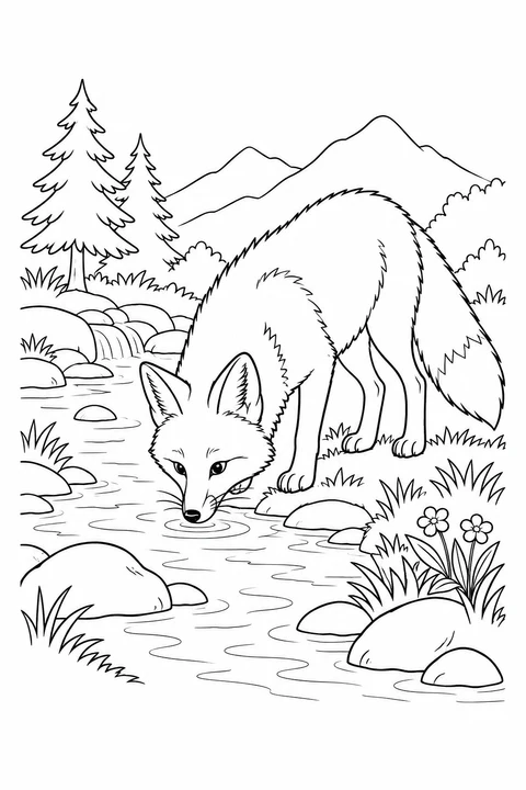 A fox lowers its muzzle to a stream beside stones, flowers and trees.