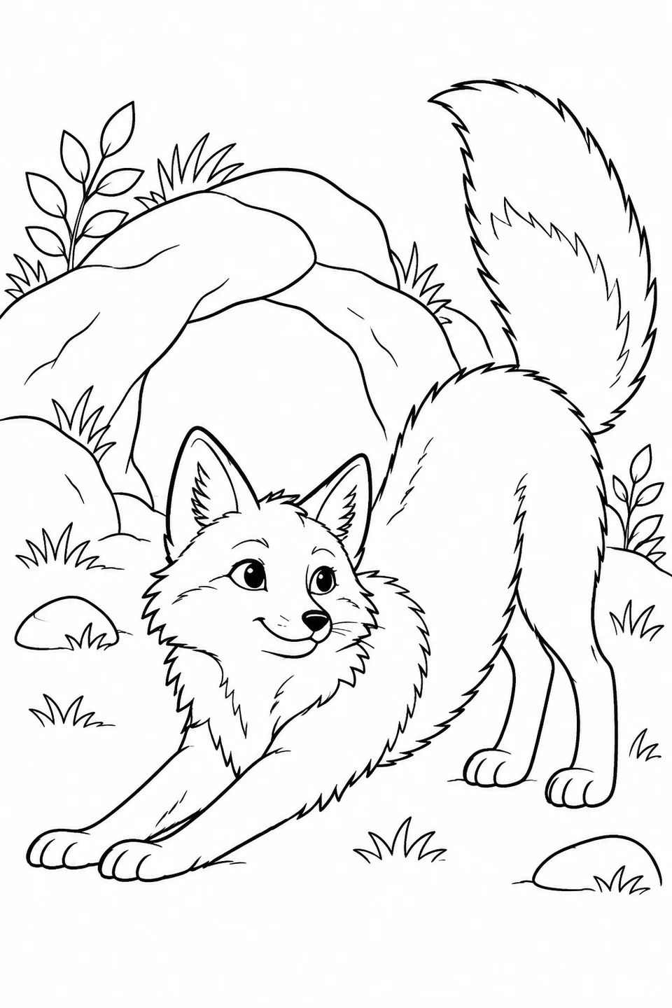 A fox stretches its front legs beside a rocky den, lifting its hindquarters and tail.