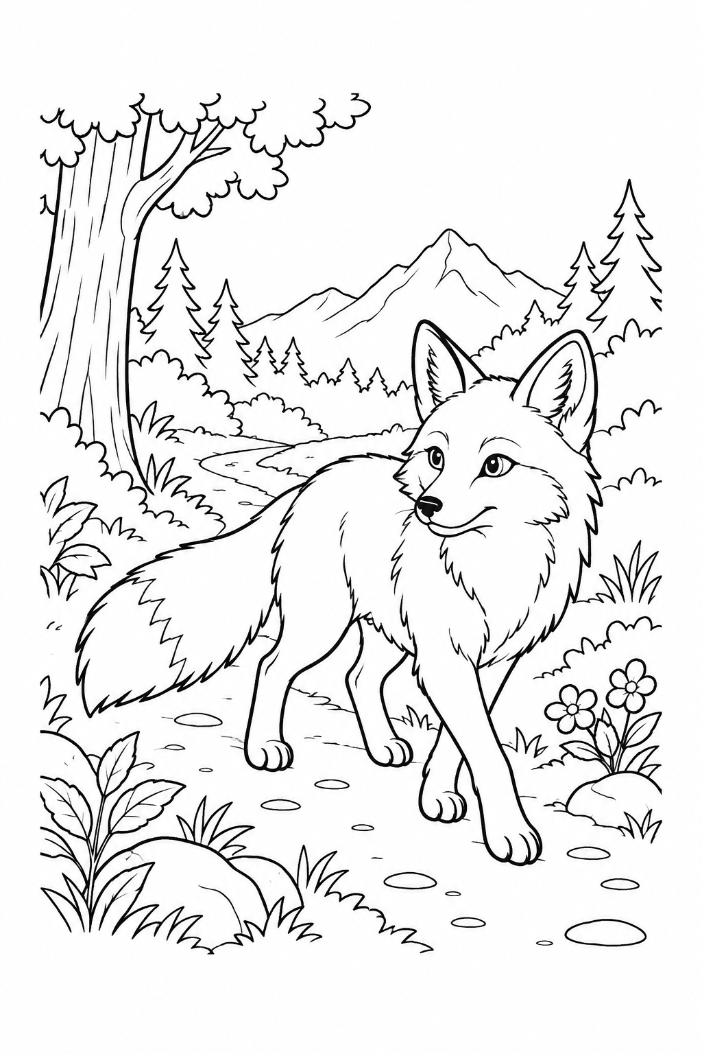 A fox trots along a winding path among trees, flowers and distant mountains.