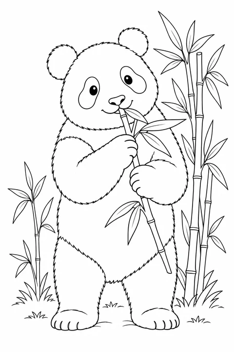 A standing giant panda brings a leafy bamboo stem to its mouth beside tall bamboo.