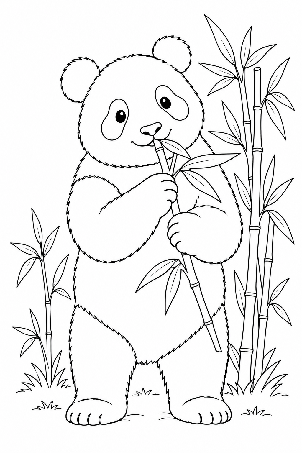 A standing giant panda brings a leafy bamboo stem to its mouth beside tall bamboo.