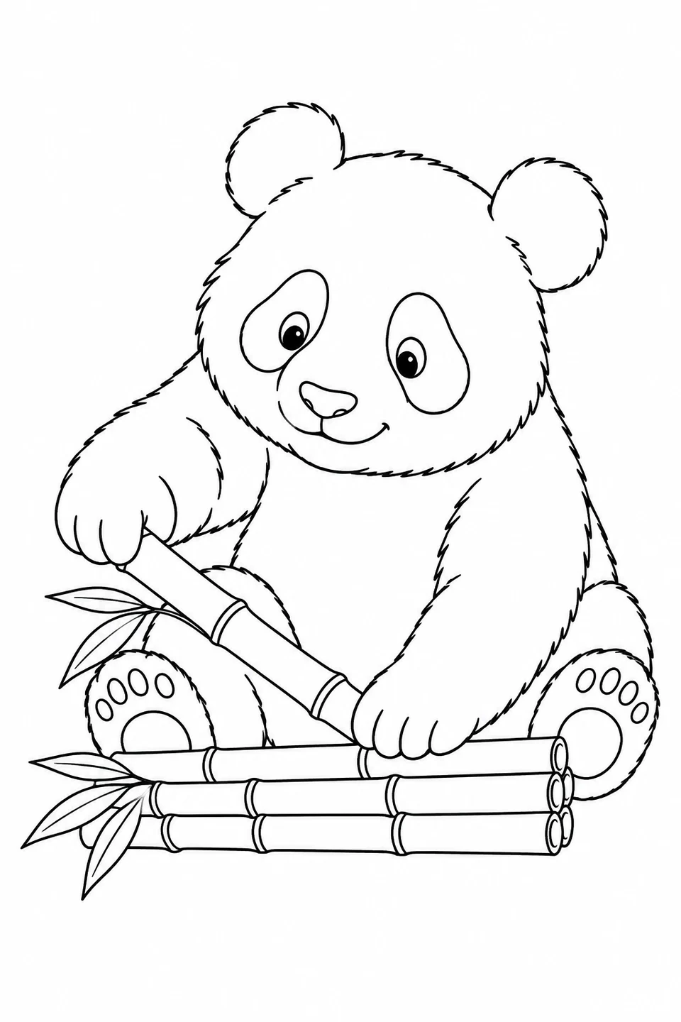 A seated panda lifts one bamboo stalk from a small pile in front of its feet.