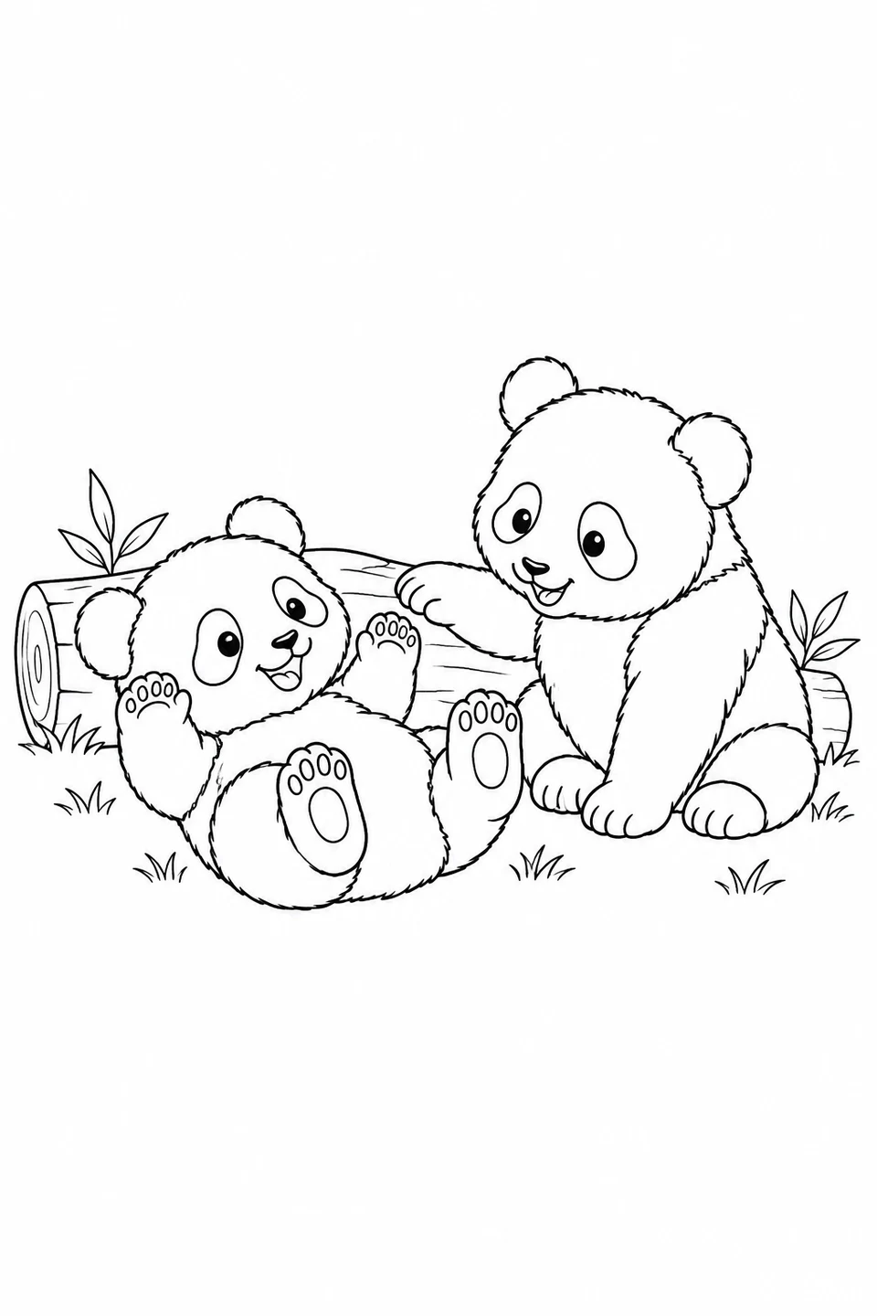 One panda cub lies on its back while another reaches toward it beside a log.