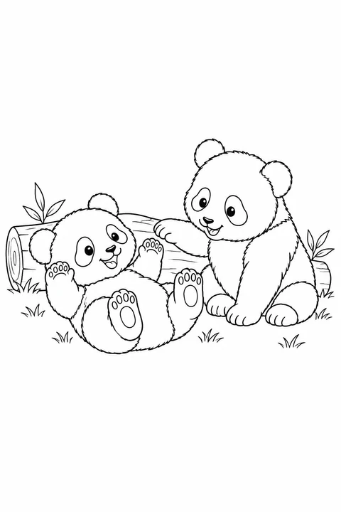One panda cub lies on its back while another reaches toward it beside a log.